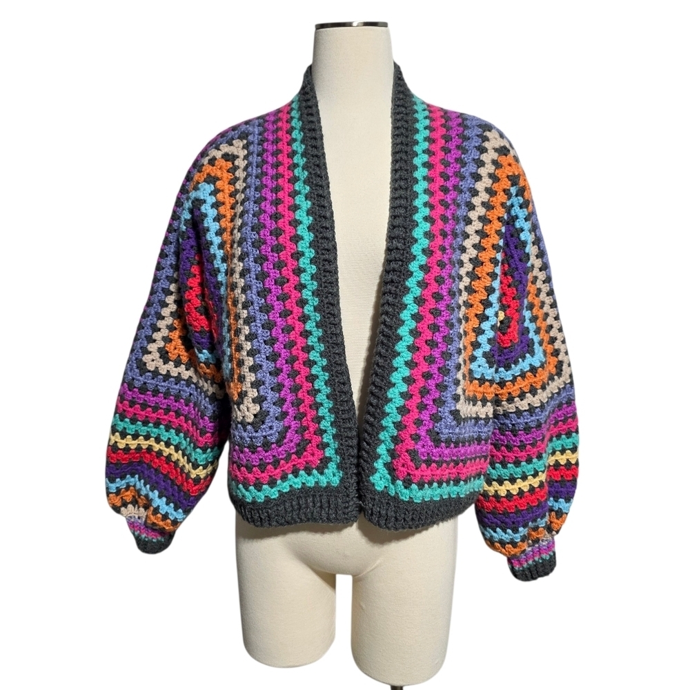 HANDMADE CROCHET OPEN FRONT GRANNY CARDIGAN SWEATER SZ M - Picture 2 of 9